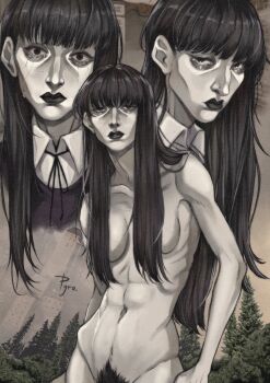 1girl abs artist_name black_dress black_eyes black_eyeshadow black_hair black_lips black_ribbon breasts closed_mouth collared_shirt commentary cowboy_shot crying crying_with_eyes_open dress eyeshadow fear_&amp;_hunger_(series) fear_&amp;_hunger_2:_termina female_pubic_hair highres long_hair looking_at_viewer makeup medium_breasts multiple_views navel neck_ribbon nude outdoors parted_lips pubic_hair pyro_cri ribbon samarie_(fear_&amp;_hunger) scenery shirt skinny standing tears tree white_shirt