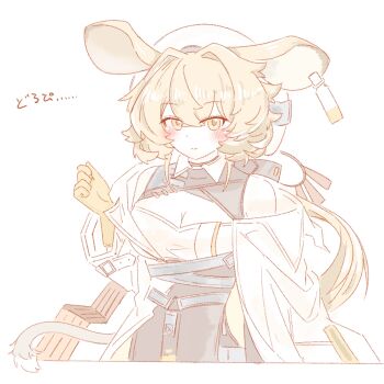 1girl animal_ears arknights black_skirt blonde_hair blush breasts character_name cleavage closed_mouth crossed_bangs dorothy_(arknights) eyes_visible_through_hair gloves hair_between_eyes hand_up hat highres long_hair looking_at_viewer medium_breasts simple_background skirt smile solo tail typo white_background white_hat yatagae_(yatuno_llc) yellow_gloves