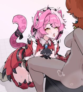 2girls animal_ear_fluff animal_ears apron armor ascot blush breasts earrings frilled_apron frills highres hololive hololive_english jewelry maid maid_apron maid_headdress monster_hunter_(series) moral_cacoethes multicolored_hair multiple_girls nude open_mouth orange_hair panther_ears panther_girl panther_tail pink_hair raora_panthera shoulder_spikes spikes stray_pubic_hair tail takanashi_kiara virtual_youtuber waist_apron white_apron yellow_eyes yuri