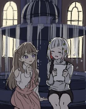 Rule 34 | 2girls, :d, ^ ^, bare shoulders, black camisole, black shorts, blush, brown hair, camisole, camisole over clothes, closed eyes, clothing cutout, collared shirt, colored inner hair, diagonal bangs, dress, dress shirt, elbow cutout, feet out of frame, fountain, fujishima megumi, fujishima megumi (winter loungewear), grey hair, grey sweater, hair ornament, highres, holding, holding paper, in-universe location, link! like! love live!, llkapital, long dress, long sleeves, love live!, multicolored hair, multiple girls, night, open mouth, outdoors, paper, pinafore dress, pink dress, purple eyes, red hair, shirt, short hair, short shorts, shorts, shoulder cutout, sitting, sleeveless, sleeveless dress, smile, star (symbol), star hair ornament, streaked hair, sweater, two side up, virtual youtuber, white shirt, window, yugiri tsuzuri, yugiri tsuzuri (winter loungewear)