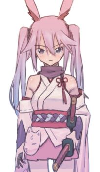 1girl alternate_hairstyle animal_ears closed_mouth commentary detached_sleeves fox_ears fox_mask holding holding_sword holding_weapon honkai_(series) honkai_impact_3rd japanese_clothes katana kimono long_hair looking_at_viewer mask matsushita_yuubin nontraditional_miko obi pink_hair pink_skirt purple_eyes sash sheath sheathed short_kimono simple_background skirt solo sword twintails weapon white_background white_kimono white_sleeves yae_sakura yae_sakura_(gyakushinn_miko)