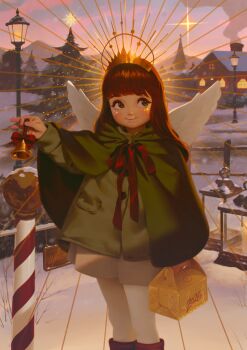 Rule 34 | 1girl, 2026, 20s, alkemanubis, angel, angel wings, bell, blush, box, brown eyes, brown hair, brown shoes, candle, capelet, christmas, christmas lights, christmas star, christmas tree, church, cloud, coat, cross, facial mark, green capelet, green coat, grey skirt, happy new year, holding, holding bell, holding box, house, lamppost, lantern, light rays, long hair, long sleeves, looking to the side, mountain, neck ribbon, new year, original, pantyhose, red ribbon, ribbon, shoes, sign, skirt, sky, smile, smoke, snow, standing, star (symbol), star facial mark, star of bethlehem, star on cheek, tiara, tree, white pantyhose, wings, winter