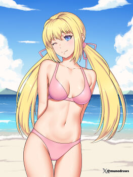 1girl absurdres arms_behind_back artist_name beach bikini blonde_hair blue_eyes blue_sky breasts breasts_apart commission commissioner_upload cowboy_shot etchimune hair_ribbon head_tilt highres hunie_(series) huniepop light_blush long_hair looking_at_viewer medium_breasts navel non-web_source ocean one_eye_closed pink_bikini pink_ribbon ribbon sidelocks sky smile solo standing stomach swimsuit thigh_gap tiffany_maye twintails twitter_username