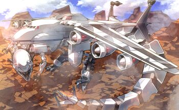 aircraft antonov_an-225 claws cloud cloudy_sky commission commissioner_upload day duel_monster gao_ex_kaiser glint highres jet_engine mecha mecha_focus mecha_phantom_beast_dracossack mountainous_horizon no_humans non-humanoid_robot non-web_source robot robot_dragon sky standing tail wasteland yu-gi-oh!