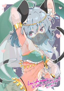 1girl absurdres ahoge alternate_costume animal_ears arm_behind_head arm_up armpits artist_name bandeau bare_shoulders breasts commentary commission commissioner_name dancer detached_sleeves grey_hair harem_outfit heart highres looking_at_viewer midriff mouse_ears mouse_tail mouth_veil nazrin open_mouth red_eyes second-party_source short_hair skeb_commission small_breasts smile solo strapless tail take_no_ko_(4919400) touhou tube_top veil watermark