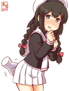 1girl artist_logo black_eyes black_hair black_shirt blouse braid cardcaptor_sakura commentary_request cosplay cowboy_shot dated disembodied_hand grabbing_another&#039;s_ass groping hair_between_eyes hat isonami_(kancolle) kanon_(kurogane_knights) kantai_collection leaning_forward logo looking_at_viewer neckerchief one-hour_drawing_challenge pleated_skirt sailor_collar sailor_hat school_uniform serafuku shirt sidelocks simple_background skirt solo standing tears tomoeda_elementary_school_uniform tomoeda_middle_school_uniform twin_braids white_background white_hat white_neckerchief white_sailor_collar white_skirt