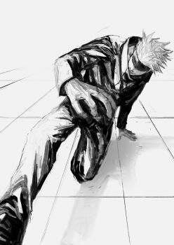1boy arm_up blindfold closed_mouth collared_jacket commentary english_commentary full_body gojou_satoru greyscale highres jacket jujutsu_kaisen kuwoniagyu11112 long_sleeves male_focus monochrome pants short_hair smile solo spiked_hair