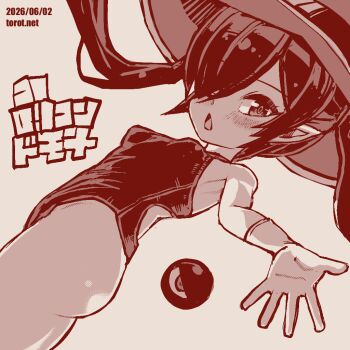 1girl armpit_crease ass backbeako_(torotei) backbeard blush breasts chestnut_mouth commentary dated dated_commentary dutch_angle from_side gegege_no_kitarou gloves hair_over_one_eye hat highleg highleg_leotard kono_lolicon_domome leotard long_hair looking_at_viewer looking_to_the_side monochrome one-piece_swimsuit one_eye_closed open_mouth original outstretched_arm outstretched_hand paid_reward_available pointy_ears red_theme simple_background small_breasts solo swimsuit torotei translated twintails very_long_hair watermark web_address white_background wide_brim