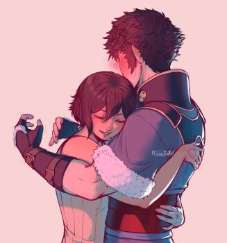 1boy 1girl artist_name bare_shoulders black_hair blush closed_eyes commentary embarrassed english_commentary eyes_of_grima female_robin_(fire_emblem) fire_emblem fire_emblem_awakening fur_trim grin hair_between_eyes hand_tattoo height_difference highres hug issycake lon'qu_(fire_emblem) nintendo official_alternate_hairstyle short_hair simple_background sleeveless smile tattoo trembling