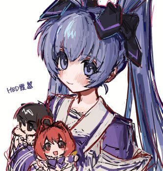 1girl ahoge b_nosk101 blue_eyes blush bow brown_eyes brown_hair character_doll doll grey_hair hair_bow hair_intakes hair_ribbon hakuryou_high_school_uniform happy_birthday highres hugging_doll hugging_object juliet_sleeves kagami_sumika long_hair long_sleeves looking_at_viewer muv-luv muv-luv_altered_fable puffy_sleeves purple_bow red_eyes red_hair ribbon school_uniform shirogane_takeru smile solo twintails very_long_hair yashiro_kasumi yellow_bow