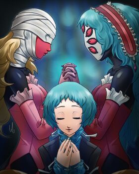 3girls absurdres bandaged_head bandages bandages_over_eyes black_skin blonde_hair blue_hair closed_eyes colored_skin extra_eyes frilled_hairband frills gekkoukan_high_school_uniform hairband highres holding_hands juno_(persona) long_hair lucia_(persona) multiple_girls persona persona_(summon) persona_3 school_uniform short_hair smile upper_body xeeoh yamagishi_fuuka