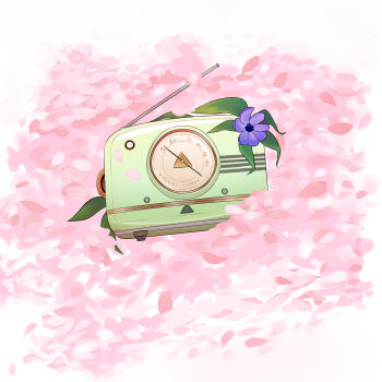 absurdres blue_flower commentary_request flower highres jouon_monaka leaf ms._radio no_humans object_focus on_petals petals radio radio_antenna reverse:1999 simple_background white_background