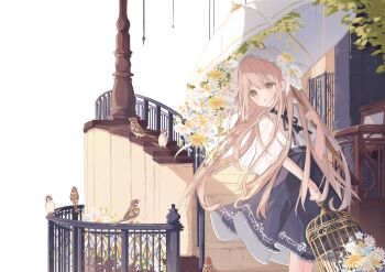 1girl animal bird birdcage black_ribbon black_skirt blue_flower blush brown_eyes brown_hair cage commentary_request eurasian_tree_sparrow flower hair_between_eyes hand_up headscarf high-waist_skirt highres holding holding_umbrella kushida_you long_hair looking_to_the_side neck_ribbon open_mouth original railing ribbon shirt short_sleeves skirt solo sparrow stairs standing star_(symbol) umbrella very_long_hair white_background white_flower white_shirt white_umbrella wide_sleeves yellow_flower