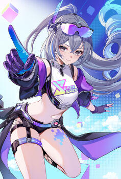 1girl asymmetrical_gloves closed_mouth commentary_request crossed_bangs eyewear_on_head fingerless_gloves fishnet_socks fishnets floating_hair gloves grey_eyes grey_hair hair_between_eyes harimoji highres honkai:_star_rail honkai_(series) jacket leg_up long_hair looking_at_viewer mismatched_gloves navel official_alternate_costume open_clothes open_jacket pointing pointing_at_viewer short_shorts shorts silver_wolf_(honkai:_star_rail) silver_wolf_(lv.999)_(honkai:_star_rail) smile socks solo stomach thighs very_long_hair