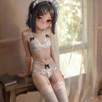 1girl absurdres against_table black_bow black_hair blush book bow bow_bra bra closed_mouth collarbone fate/kaleid_liner_prisma_illya fate_(series) flat_chest garter_straps hair_ornament hairclip highres indoors lace lace-trimmed_thighhighs lace_bra lace_panties lace_trim lingerie loli looking_at_viewer maid_headdress medium_hair miyu_edelfelt navel nipples panties parted_bangs ponytail see-through_bra see-through_clothes solo stomach sweetonedollar table thighhighs underwear white_bra white_garter_straps white_panties white_thighhighs window yellow_eyes