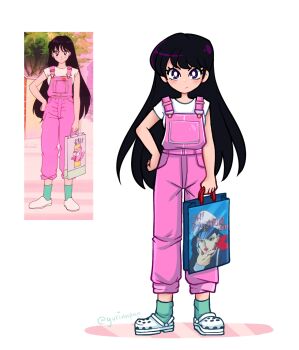 1girl bag bishoujo_senshi_sailor_moon black_hair blush bright_pupils closed_mouth crocs derivative_work frown full_body gift_bag green_socks gurinn hand_on_own_hip highres hino_rei holding holding_bag jojifuku long_hair official_alternate_costume overalls pink_overalls purple_eyes reference_inset screenshot_redraw shirt shoes socks solo standing undershirt white_pupils white_shirt white_shoes
