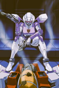 1boy 1girl arcee autobot body_writing decepticon dual_wielding english_text gun holding makoto_ono mecha no_humans robot robot_girl sitting starscream transformers transformers:_generation_1 trigger_discipline view_between_legs weapon