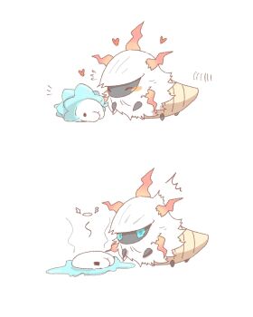 animal_focus blue_eyes blush blush_stickers bug commentary_request gen_5_pokemon gen_8_pokemon happy heart highres ice larvesta melting nintendo no_humans notice_lines pokemon pokemon_(creature) simple_background snom water wavy_eyes white_background yutanpo98