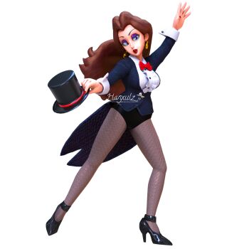 1girl 2021 3d black_footwear black_leotard blue_eyes bow bowtie breasts brown_hair buttons dancing donkey_kong_(series) dress_shirt earrings eyelashes eyeshadow fishnet_pantyhose fishnets gold_earrings half-closed_eyes hanxulz hat high_heels highres holding holding_unworn_clothes holding_unworn_hat jewelry leotard looking_at_viewer makeup mario_(series) nintendo pantyhose pauline_(mario) purple_eyeshadow red_bow red_bowtie red_lips red_nails shiny_footwear shirt smile strappy_heels tailcoat top_hat unworn_hat unworn_headwear watermark white_shirt