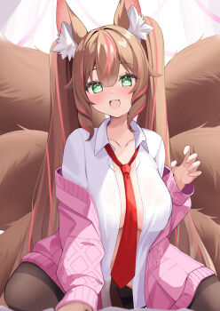1girl absurdres animal_ears blush bottomless breasts brown_fur brown_hair elegant_(sumisumi4268) fang hanging_breasts heart heart-shaped_pupils highres huge_breasts kitsune kneeling large_breasts long_hair multicolored_hair multiple_tails necktie open_mouth pantyhose pink_hair plushmallow smile sweater symbol-shaped_pupils tail twintails two-tone_hair