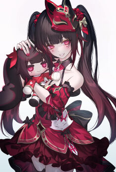 Rule 34 | 1girl, bare shoulders, black hair, highres, honkai: star rail, honkai (series), looking at viewer, neon (pixiv 31150749), pink eyes, smile, solo, sparkle (honkai: star rail), stuffed toy, twintails