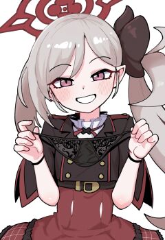 1girl black_jacket black_panties blue_archive blush grey_hair grin halo highres holding holding_panties holding_underwear holding_unworn_clothes jacket long_hair looking_at_viewer mago_cats mutsuki_(blue_archive) panties purple_eyes red_halo red_skirt side_ponytail simple_background skirt smile solo textless_version underwear white_background