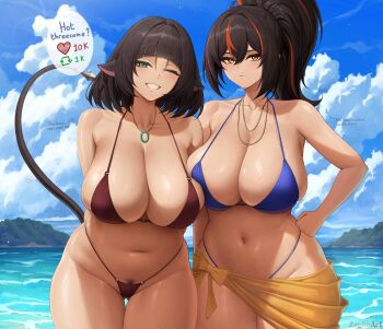 2girls alternate_costume animal_ears bikini black_hair blue_bikini blush breasts cleavage closed_mouth collarbone day green_eyes hair_between_eyes hand_on_own_hip highres huge_breasts jane_doe_(zenless_zone_zero) jewelry long_hair looking_at_viewer mouse_ears mouse_girl mouse_tail multicolored_hair multiple_girls navel necklace one_eye_closed orange_eyes orange_hair outdoors ponytail pubic_hair pubic_hair_peek red_bikini smile stomach streaked_hair swimsuit tail zaphn zenless_zone_zero zhu_yuan