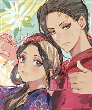 Rule 34 | 1boy, 1girl, black eyes, black shirt, blush, border, braid, brother and sister, brown hair, commentary, curtained hair, dark-skinned female, dark-skinned male, dark skin, earrings, floral print jacket, flower, from side, front-to-back, frown, furrowed brow, gold earrings, gold necklace, hair rings, half-heart hands, hand up, headband, height difference, hood, hood down, hoodie, inset border, jamil viper, jasmine (flower), jewelry, korean commentary, kuzuvine, long bangs, looking at viewer, low ponytail, multiple braids, najma viper, necklace, parted bangs, ponytail, portrait, raised eyebrows, red headband, red hoodie, shiny lips, shirt, siblings, side ponytail, single hair ring, sketch, small sweatdrop, smile, snake, thumbs up, twisted wonderland, two-tone headband, white border, white flower, yellow headband