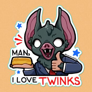 1boy animal_ears bat_boy bat_ears blue_suit coconutbiko commentary dispatch english_commentary english_text fangs food formal_clothes highres holding holding_food male_focus necktie open_mouth red_necktie shirt smile sonar_(dispatch) star_(symbol) suit thumbs_up twinkies upper_body white_shirt