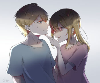 1boy 1girl blonde_hair blue_eyes blue_shirt brother_and_sister closed_mouth commentary_request hand_on_another&#039;s_chin highres hoshino_aquamarine hoshino_ruby incest long_hair miwisa one_side_up oshi_no_ko pink_eyes pink_shirt shirt short_hair siblings sidelocks simple_background sweatdrop twins white_background