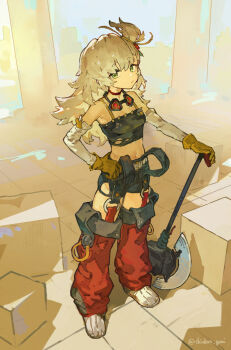 1girl :/ artist_name axe black-framed_eyewear black_shorts blonde_hair bra breasts commentary_request crop_top detached_pants detached_sleeves dot_nose full_body gloves goggles goggles_around_neck green_eyes grey_bra grey_shorts highres holding holding_weapon long_hair looking_at_viewer midriff navel one_side_up pants piper_wheel red-tinted_eyewear red_pants shorts small_breasts solo standing stomach stretching tinted_eyewear twitter_username underwear unworn_eyewear variant_set weapon yanyan_(shinken_gomi) yellow_gloves zenless_zone_zero