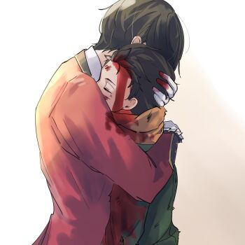2boys black_hair blood blood_on_clothes blood_on_face blood_on_hands brown_hair child closed_eyes commentary_request gloves green_jacket hair_slicked_back highres hug implied_yaoi jacket long_sleeves male_focus multiple_boys natsuki_subaru orange_scarf re:zero_kara_hajimeru_isekai_seikatsu red_jacket scarf shirt short_hair simple_background torn_clothes vincent_vollachia white_background white_gloves yuruyuruu125