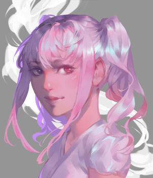 1girl choppy_bangs closed_mouth commentary english_commentary grey_background grey_shirt lips looking_at_viewer lydialing_draws medium_hair nose original pink_eyes portrait purple_hair realistic shirt sidelocks sketch smile solo twintails