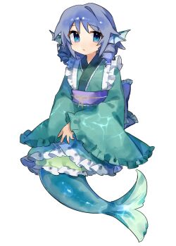 1girl blue_eyes blue_hair chicachang drill_hair drill_sidelocks fins floating_head frilled_kimono frills green_kimono head_fins highres japanese_clothes kimono mermaid monster_girl sash sidelocks solo touhou wakasagihime