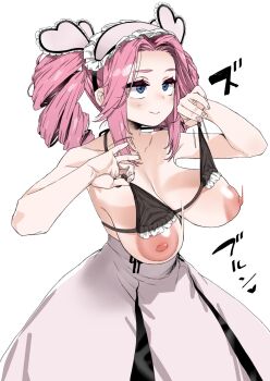 1girl :> bikini bikini_top_lift blue_eyes blush breast_drop breasts clothes_lift commentary_request dress drill_hair forehead frilled_bikini frilled_hairband frills hairband highres huge_breasts large_areolae lifting_own_clothes maid mukago_(mukagomumumu) nipples pink_hair shikoku_metan solo swimsuit twin_drills utau voicevox white_background white_dress
