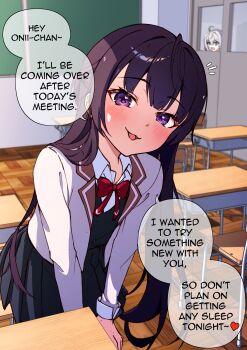 2girls absurdres ahoge alisa_mikhailovna_kujou blazer blush bow bowtie brown_hair chair desk english_text fukaikiri hair_between_eyes highres implied_incest indoors jacket lapels looking_at_viewer multiple_girls notched_lapels open_mouth purple_eyes red_bow red_bowtie school_chair school_desk school_uniform smile suou_yuki tokidoki_bosotto_roshia-go_de_dereru_tonari_no_alya-san