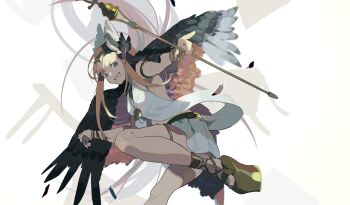 1girl anklet armlet bracelet circe_(fate) facing_to_the_side fate/grand_order fate_(series) feather_hair_ornament feathered_wings feathers foot_out_of_frame gold_hairband gold_necklace gold_shoes gold_thighlet hair_ornament hairband high_heels jewelry long_hair long_pointy_ears long_sidelocks looking_to_the_side miniskirt necklace orange_hair pointing pointing_to_the_side pointy_ears shoes sidelocks skirt smile solo staff thighlet touka_(dokoka_me) vest white_skirt white_vest wings