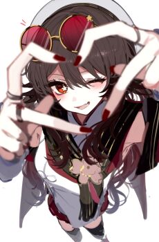 Rule 34 | 1girl, absurdres, brown hair, brown scarf, brown thighhighs, chinese clothes, commentary request, dress, eyewear on head, flower-shaped pupils, folded twintails, from above, genshin impact, hair between eyes, hair rings, hat, heart, heart hands, highres, hu tao (cherries snow-laden) (genshin impact), hu tao (genshin impact), long hair, long sleeves, looking at viewer, magnet 8 8, official alternate costume, one eye closed, red-tinted eyewear, red eyes, red goggles, red nails, red skirt, round eyewear, scarf, skirt, smile, solo, sunglasses, symbol-shaped pupils, thighhighs, tinted eyewear, twintails, white background, white dress, white hat, yellow-framed eyewear