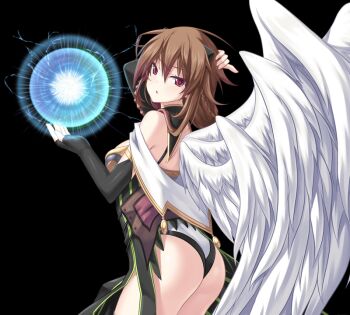 1girl ass back bare_shoulders black_background brown_hair elbow_gloves eushully female_focus game_cg gloves hand_on_head legs looking_at_viewer madou_koukaku pink_eyes power short_hair simple_background solo standing white_wings wings