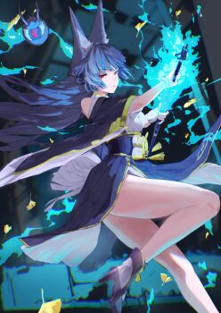 1girl animal_ear_fluff animal_ears bare_shoulders black_dress black_hair black_shoes closed_mouth commentary_request dress falling_leaves fox_ears fox_girl from_side high_heels highres holding holding_sword holding_weapon hoshimi_miyabi hoshimi_miyabi_(dignified_blossom) japanese_clothes katana leaf leg_up long_hair looking_at_viewer mmk_(majinai_no_mori) official_alternate_costume red_eyes shoes sword tailless_(zenless_zone_zero) two-tone_dress weapon white_dress zenless_zone_zero