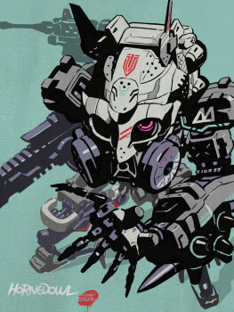 arm_up assault_rifle character_name cradle_coffin full_body gas_mask gun gyoubu_ippei high_contrast highres holding holding_gun holding_weapon horned_owl_(synduality) joints mask mecha no_humans open_hand rifle robot robot_joints signature standing synduality synduality_noir walker_(robot) weapon