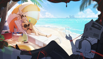 1girl absurdres arm_strap armband bare_shoulders barefoot beach beach_chair beach_umbrella black_choker black_horns black_one-piece_swimsuit black_sandals blue_sky breasts c-eye choker clothing_cutout collarbone commentary_request crossed_legs cup curled_horns cutout_above_navel day drinking_glass feet food fruit grey_hair highres holding holding_cup horns imagining knee_up large_breasts long_hair looking_afar looking_to_the_side necktie newspaper ocean one-piece_swimsuit outdoors outline pants paper_stack red_eyes sandals shirt_tucked_in shore sitting sky swim_ring swimsuit thigh_strap thighs toes umbrella unworn_sandals watermelon wuthering_waves zani_(wuthering_waves)