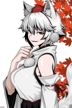 1girl animal_ear_fluff animal_ears autumn_leaves black_skirt breasts commentary_request detached_sleeves fangs from_side grey_hair hat highres inubashiri_momiji kinoshii-shroom large_breasts leaf looking_at_viewer maple_leaf open_mouth pom_pom_(clothes) red_eyes ribbon-trimmed_sleeves ribbon_trim shirt short_hair skirt sleeveless sleeveless_shirt smile solo tail tokin_hat touhou white_shirt wolf_ears wolf_girl wolf_tail