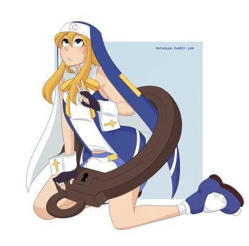 1boy blonde_hair bridget_(guilty_gear) bulge bulge_in_diaper diaper erection erection_under_clothes guilty_gear handcuff merunyaa peace_symbol tagme trap