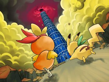 Rule 34 | commentary request, from behind, gen 1 pokemon, gen 3 pokemon, green neckerchief, hasuba (hasubahaguruma), highres, neckerchief, nintendo, no humans, pikachu, pokemon, pokemon (creature), pokemon focus, pokemon mystery dungeon, pokemon mystery dungeon: explorers of time/darkness/sky, running, shadow, torchic, tower