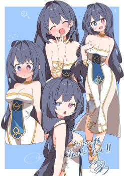 Rule 34 | +++, ..., 1girl, :d, :o, \||/, absurdres, bare arms, bare shoulders, black hair, blue background, blue eyes, blue tabard, blush, border, breasts, bright pupils, cleavage, closed eyes, commentary, commission, cowboy shot, cropped legs, dress, flying sweatdrops, from side, full body, gold necklace, gold trim, hair over shoulder, head tilt, heterochromia, highres, jewelry, jitome, long hair, looking at viewer, looking down, looking to the side, medium breasts, multiple views, necklace, no nose, nose blush, open mouth, original, outside border, pelvic curtain, pink eyes, raised eyebrow, shoes, side slit, signature, simple background, skeb commission, smile, spoken ellipsis, standing, straight-on, strapless, strapless dress, sweatdrop, tabard, thank you, thighs, uruti 2388, white border, white dress, white pupils, white shoes