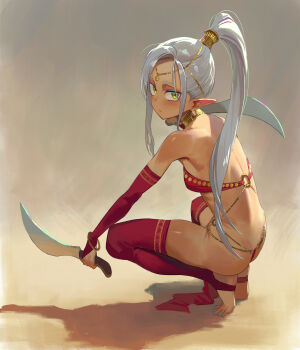 Rule 34 | 1girl, :/, absurdres, back, bandeau, bare back, bare shoulders, blue nails, bracelet, breasts, bridal gauntlets, closed mouth, commentary, dark-skinned female, dark elf, dark skin, dual wielding, earrings, elbow gloves, elf, expressionless, from side, full body, gloves, gold collar, green eyes, head chain, highres, holding, holding weapon, hoop earrings, jewelry, kinta (distortion), loincloth, long hair, looking at viewer, looking to the side, nail polish, o-ring, original, over shoulder, pointy ears, ponytail, red bandeau, red gloves, red thighhighs, shadow, small breasts, solo, squatting, stirrup legwear, strapless, thighhighs, tiptoes, toeless legwear, toenail polish, toenails, tube top, turning head, untranslatable commentary, weapon, weapon over shoulder, white hair