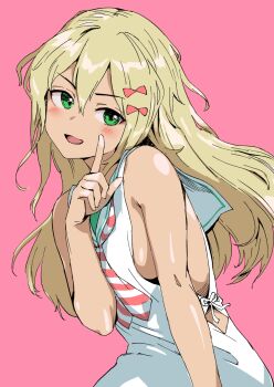 1girl asava_(hutaitenn) blonde_hair dress grecale_(kancolle) green_eyes hair_between_eyes highres index_finger_raised kantai_collection long_hair looking_at_viewer low-cut_armhole neckerchief pink_background sailor_collar side-tie_dress simple_background sleeveless sleeveless_dress solo striped_neckerchief wavy_hair white_dress white_sailor_collar