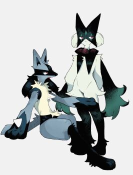2others absurdres animal_ears animal_feet animal_hands blue_fur body_fur closed_mouth commentary_request expressionless full_body furry gen_4_pokemon green_fur grey_background hariuddozyoyuu highres looking_at_another lucario meowscarada multiple_others nintendo open_mouth other_focus pokemon pokemon_(creature) pokemon_focus red_eyes simple_background sitting standing