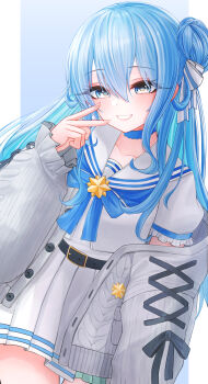 1girl absurdres belt black_belt blue_choker blue_eyes blue_hair blush cardigan choker closed_mouth commentary_request grey_cardigan highres hololive hoshimachi_suisei hoshimachi_suisei_(sailor) looking_at_viewer official_alternate_costume ruo1001 sailor_collar school_uniform shirt skirt smile solo v virtual_youtuber white_sailor_collar white_shirt white_skirt